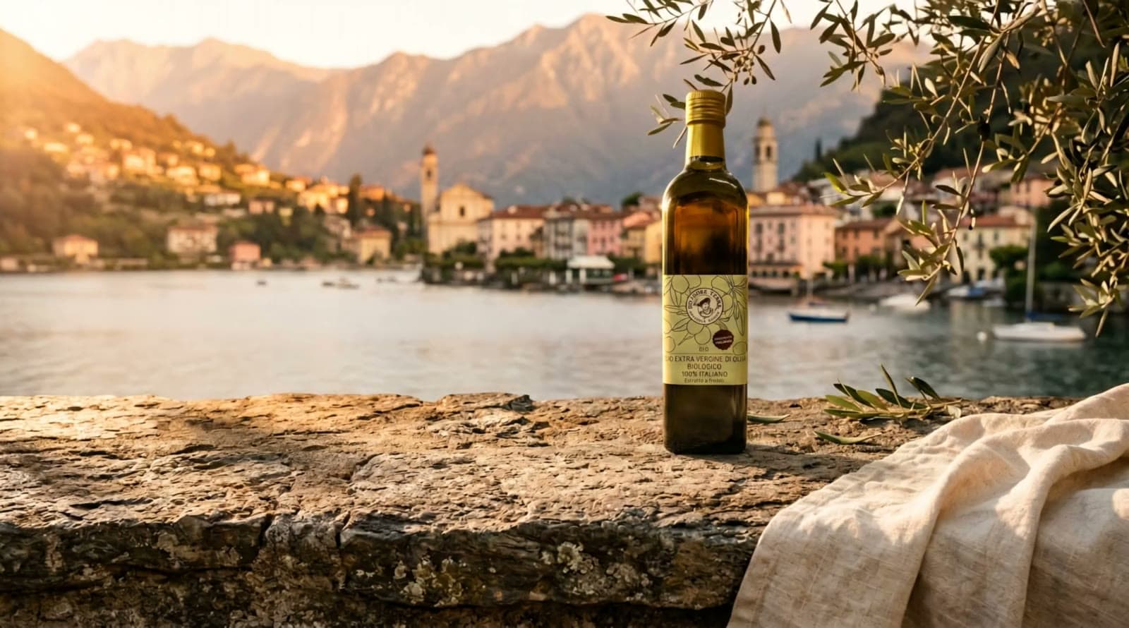 Huile d'olive, pâtes et passata italiennes sur une terrasse en pierre au bord d'un lac, à l'heure dorée.