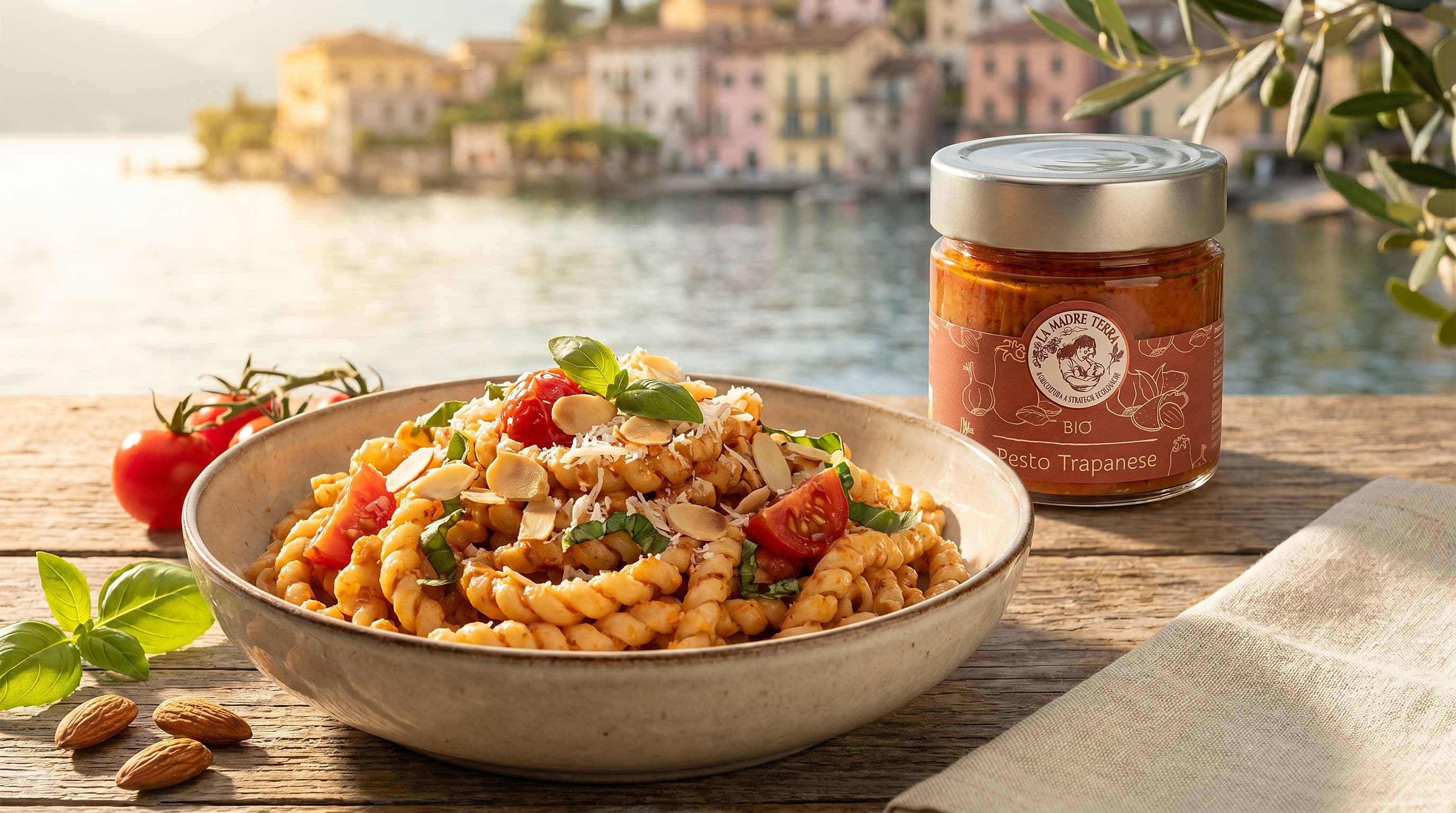 Pasta al pesto trapanese — pesto d'amandes et tomate Madre Terra